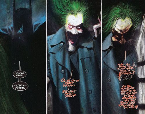 Three panels by Dave McKean from the graphic novel "Batman: Arkham Asylum" by Grant Morrison featuring Batman and the Joker.