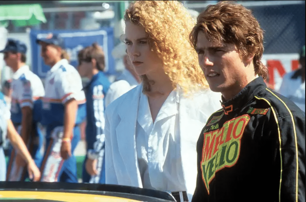 Still image of Nicole Kidman and Tom Cruise from Tony Scott's 1990 action film "Days of Thunder".