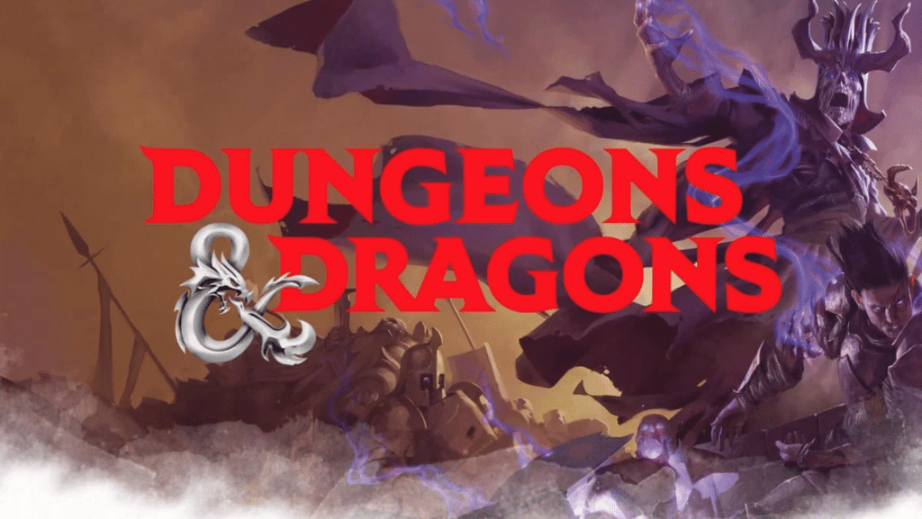 Graphic featuring knights and a purple skeletal being with the text "Dungeons & Dragons" superimposed over the image.