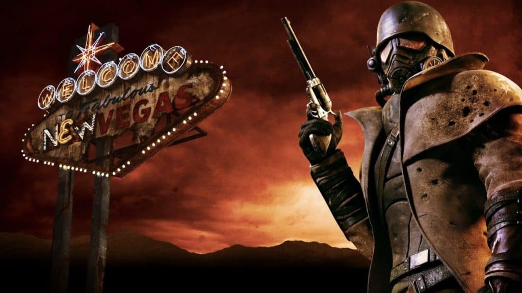 Promotional image from the Bethesda video game "Fallout: New Vegas" featuring a damaged "Las Vegas" sign and a man in armor and gas mask holding a revolver. 