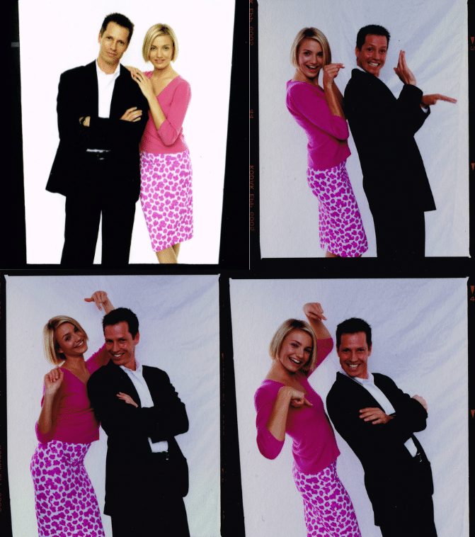 Four images of Frank Beddor and Cameron Diaz from a photoshoot for the marketing of the 1998 comedy film "There's Something About Mary", photographs taken by Eshel Ezer. 