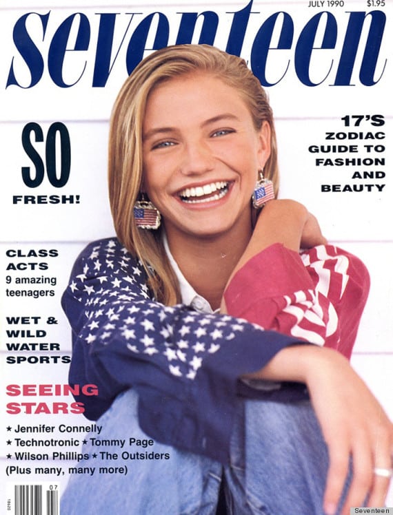 Cover of July 1990 issue of "Seventeen" magazine featuring Cameron Diaz in an American flag jacket and wearing American flag earrings. 
