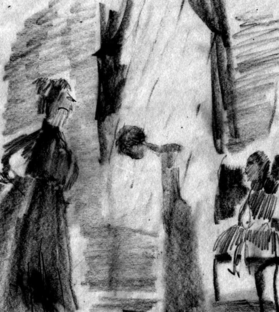 An illustration, done in the style of a child's drawing, featuring Princess Alyss being scolded by Governess Pricks by artist Catia Chien.