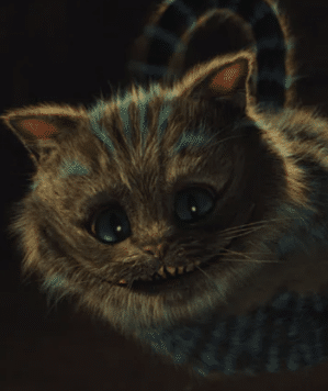 Still image of the animated character Cheshire the cat from the 2010 fantasy adventure film "Alice in Wonderland".