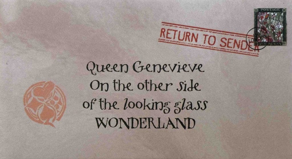 A pale pink envelope addressed to Queen Genevieve of Wonderland decorated with a crude rendition of the Royal Suit Family seal and stamped with "Return to Sender".