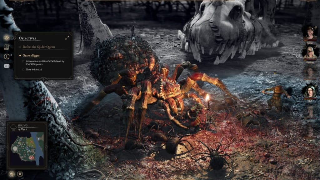 A screenshot from the dark fantasy strategy video game "Gord" featuring two characters battling a giant spider in a spooky forest with a large dinosaur skull. 