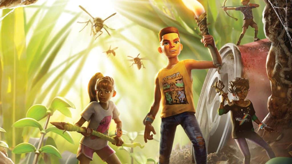 Screenshot from the survival action-adventure video game "Grounded" featuring four shrunken characters  surrounded by giant vegetation, a soda can, and bees. 