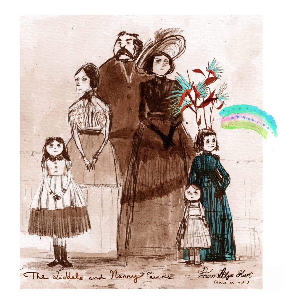 An illustration, done in the style of a child's drawing, featuring depictions of the Liddell family, Princess Alyss, and Governess Pricks by artist Catia Chien. 