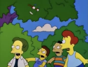 Still image from "The Simpsons" season 6 episode "Lemon of Troy" featuring a group of Shelbyville kids looking into a tree containing Milhouse's eyebrows, glasses, and smile.  