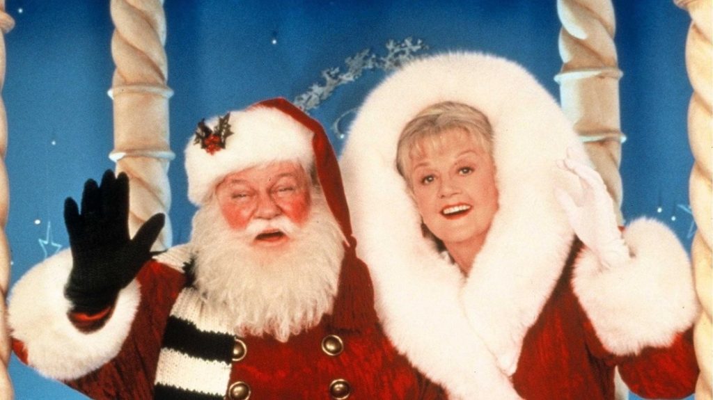 A promotional image from the 1996 TV musical comedy "Mrs. Santa Claus" featuring Angela Lansbury as Mrs. Anna Claus and Charles Durning as Santa Claus. 