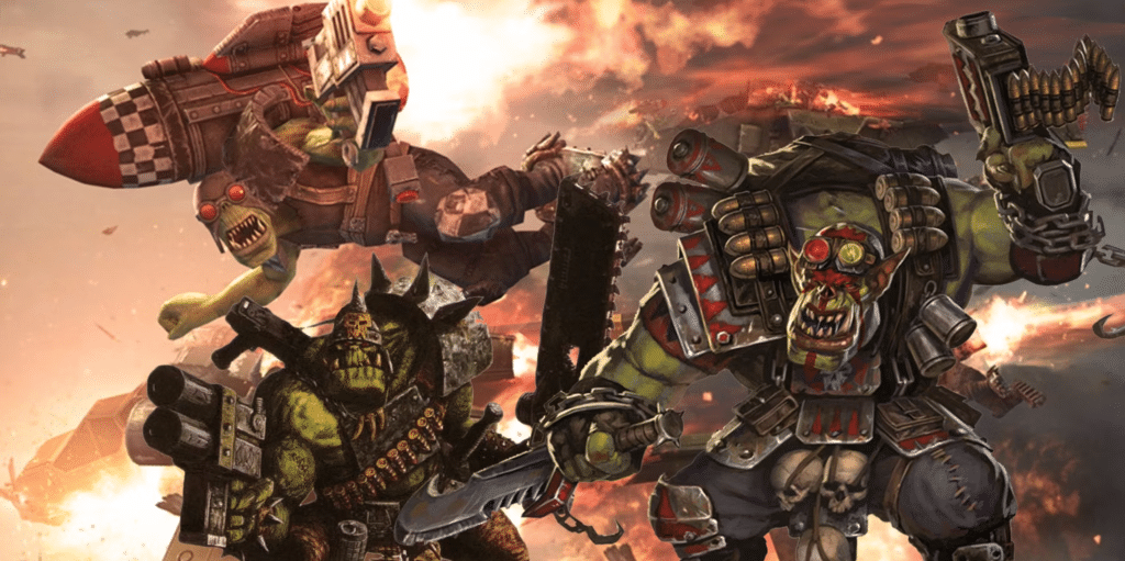 Illustration of Orks bearing weapons inspired by the miniature wargame "Warhammer 40,000".
