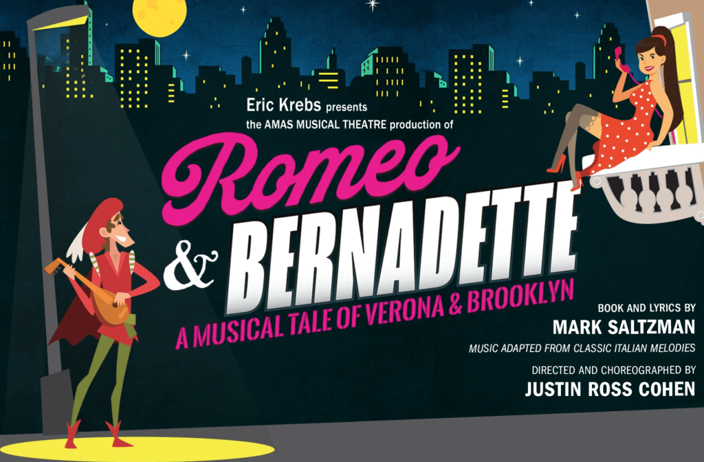 Promotional banner image for the musical "Romeo and Bernadette" featuring the New York skyline and animated figures of Romeo and Bernadette.