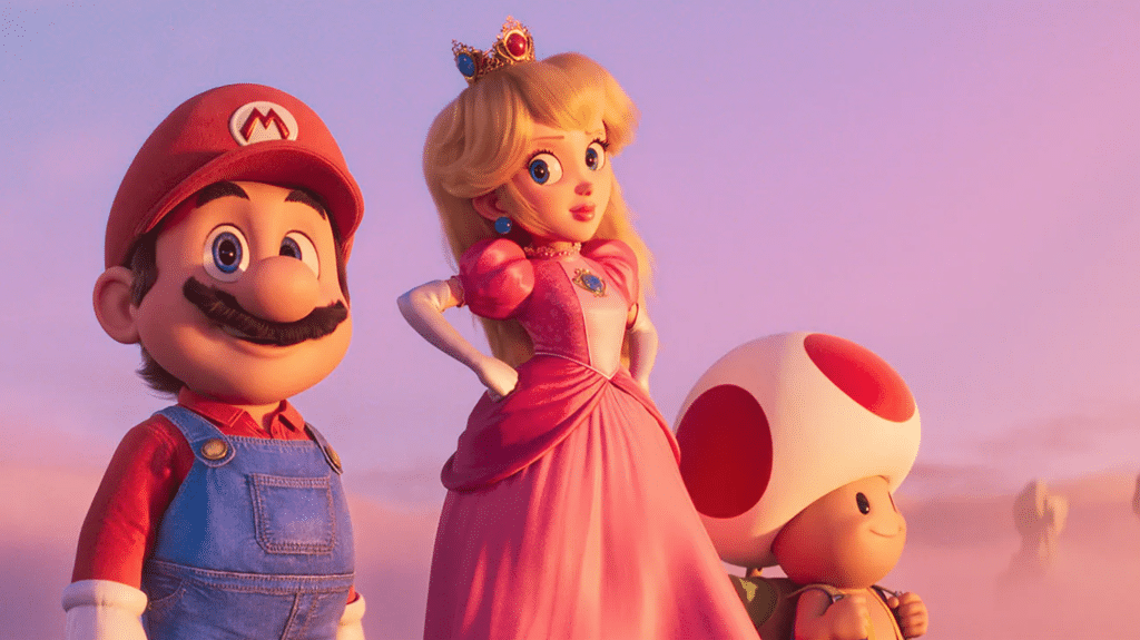 Image from the 2023 animated adventure comedy film "The Super Mario Bros. Movie" featuring Mario, Princess Peach, and Toad. 