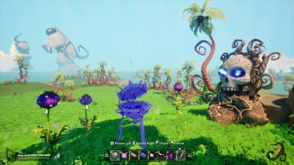 Screenshot from the upcoming Covenant.dev video game "To the Star," featuring a fantasy plain environment with a cartoon skull with two glowing eyes and giant chess pieces in the background. 