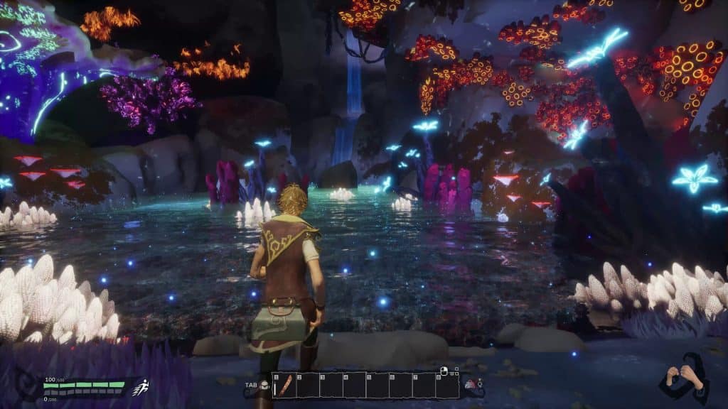 Screenshot from the upcoming Covenant.dev video game "To the Star," featuring a male character standing in front of a lake in a nighttime fantasy forest.