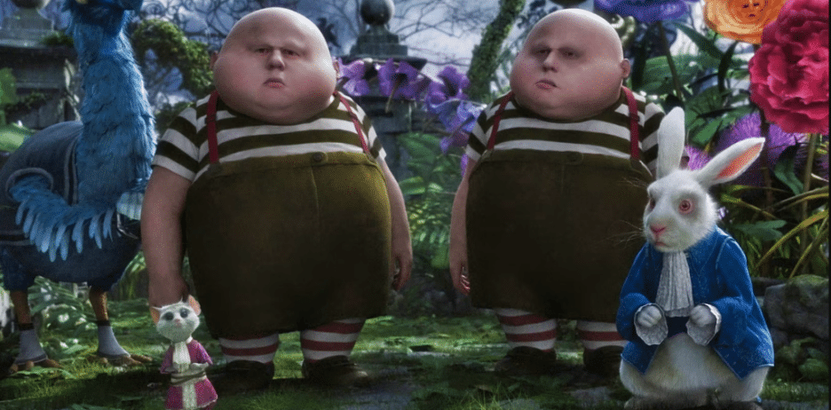 Still image of the animated characters Tweedledee and Tweedledum, based on actor and comedian Matt Lucas, from the 2010 fantasy adventure film "Alice in Wonderland".