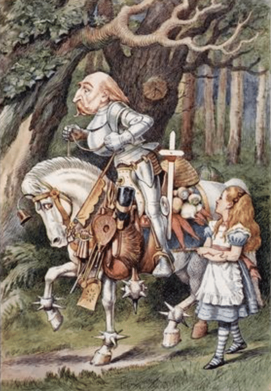 A colorized illustration of the White Knight and Alice by Sir John Tenniel from "Through the Looking-Glass, and What Alice Found There".