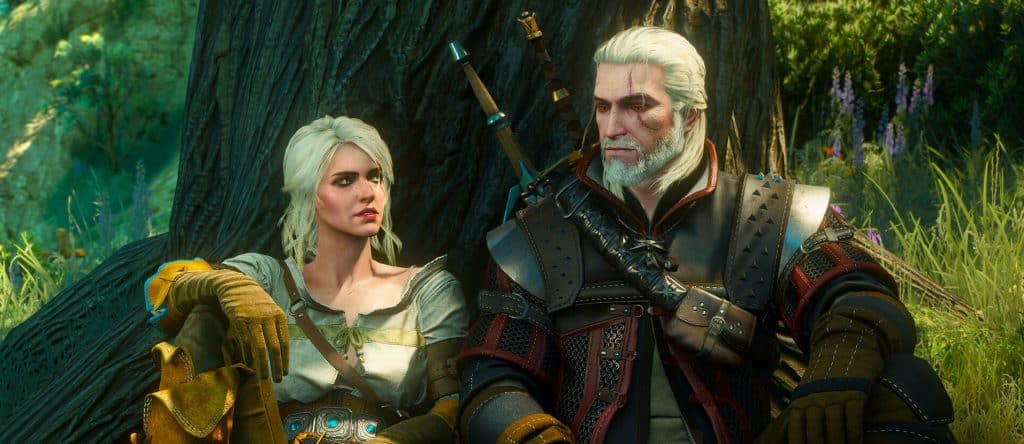 Screenshot from the action role-playing video game "The Witcher 3: Wild Hunt" featuring Geralt of Rivia and Ciri sitting against a tree.