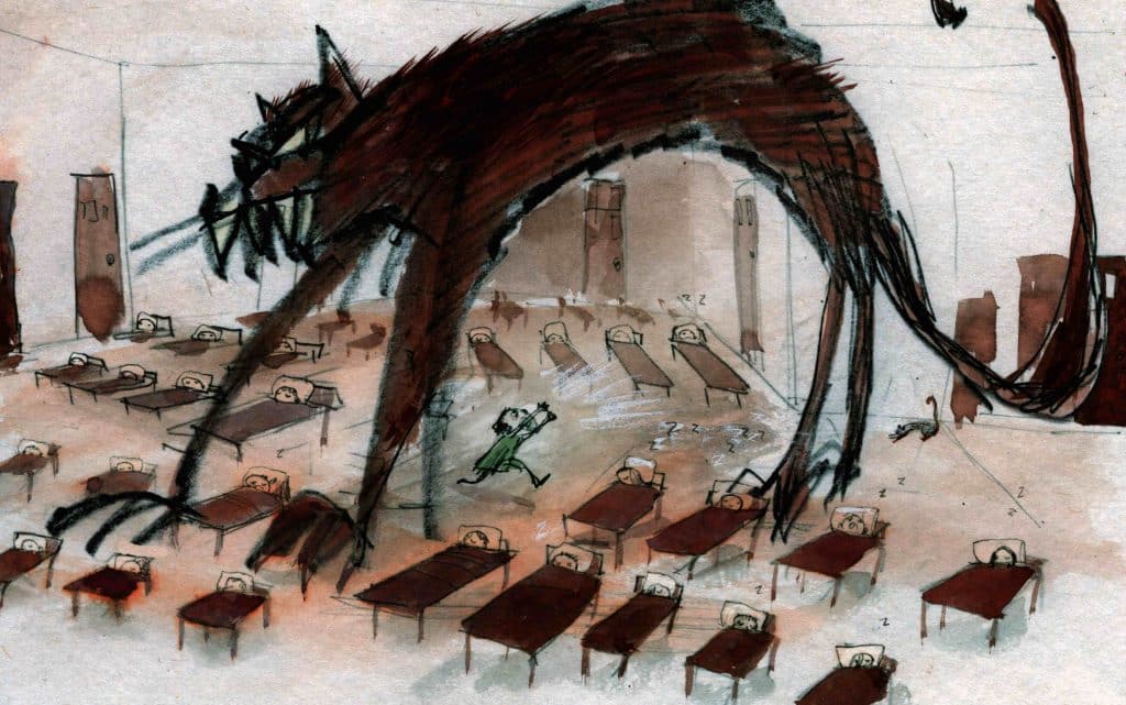 An illustration, done in the style of a child's drawing, of a giant dark cat attacking a room of sleeping children by artist Catia Chien. 