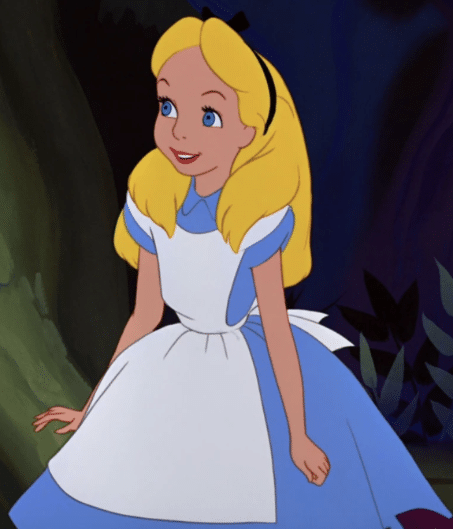 Still image of Alice in a blue dress and white apron from the 1951 Disney animated film "Alice in Wonderland". 