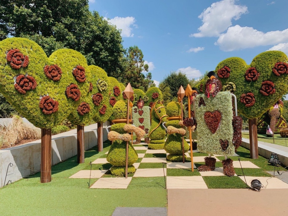 Topiary card soldiers and pawns with topiary hearts and roses on a grass chessboard from the Imaginary Worlds: Alice's Wonderland Returns at the Atlanta Botanical Gardens. 