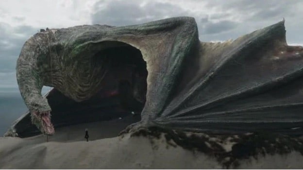 Still image of the dragon Vhagar facing Prince Aemond Targaryen from the HBO fantasy drama series "House of the Dragon". 