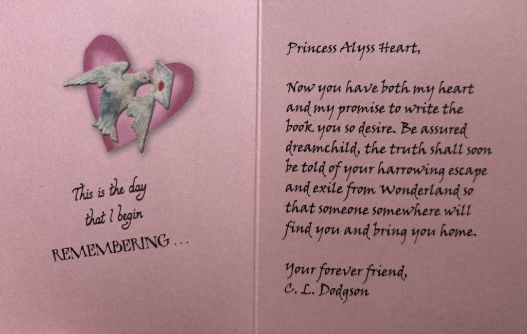 A pink Valentine's Day card from Charles Dodgson to Princess Alyss Heart, produced for the book "Princess Alyss of Wonderland". 