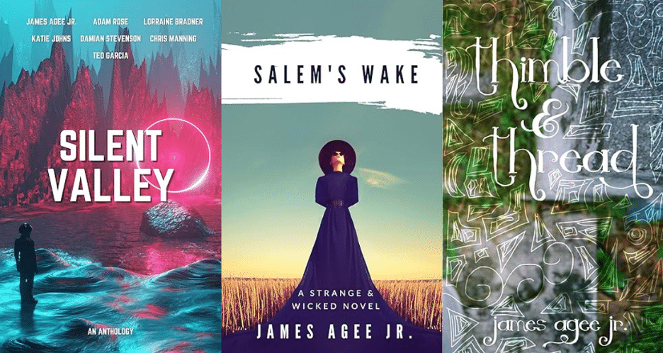 Three image series of the covers of "Silent Valley," "Salem's Wake," and "Thimble & Thread" by James Agee, Jr.