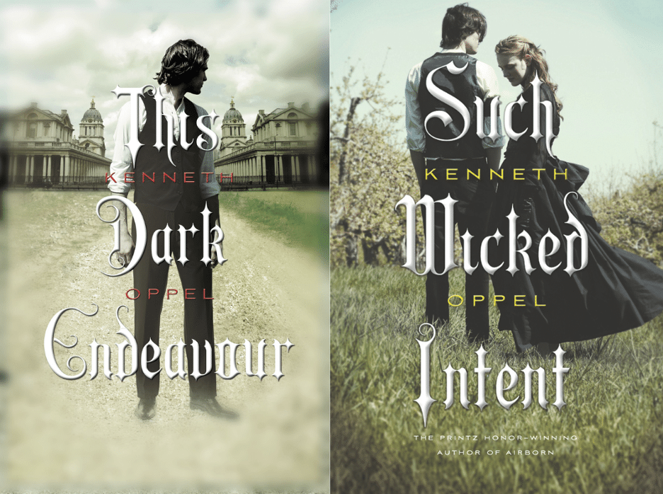 Two image set of the covers of the young adult fantasy horror novels "This Dark Endeavor" and "Such Wicked Intent" by Kenneth Oppel. 