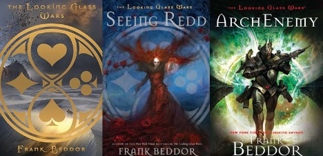 Three image series of the covers of "The Looking Glass Wars," "Seeing Redd," and "ArchEnemy" by Frank Beddor.