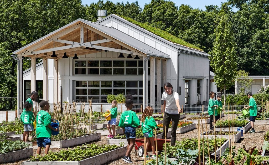 A photograph of an instructor leading a group of children in green shirts watering plant boxes as part of the New York Botanical Garden's Edible Academy program.