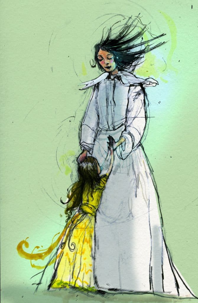 An illustration of Queen Genevieve and Princess Alyss holding hands with a green background by artist Catia Chien, based on "The Looking Glass Wars" series by Frank Beddor. 