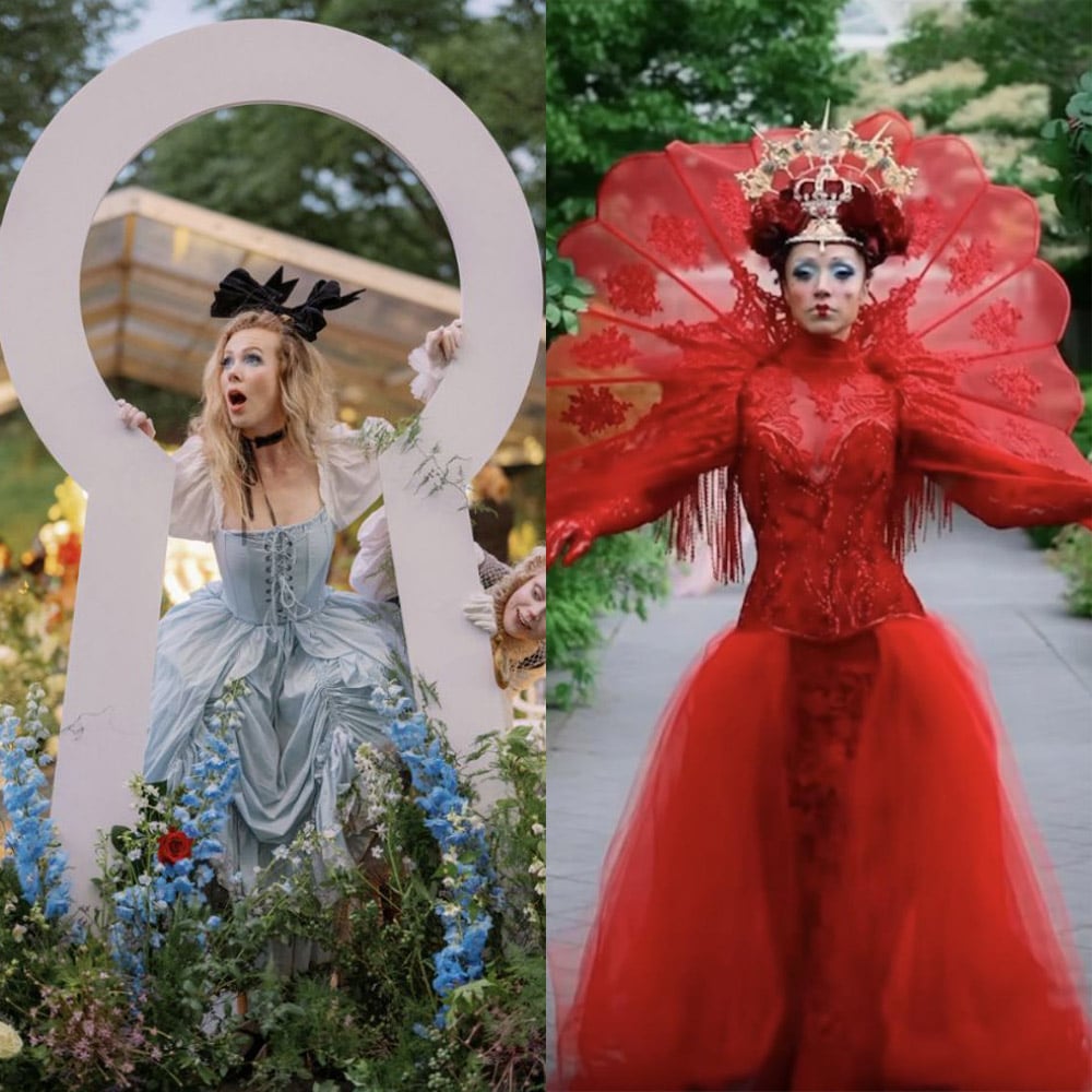 Two photographs of performers as Alice and the Red Queen as part of the "Wonderland: Curious Nature" exhibition at the New York Botanical Garden. 