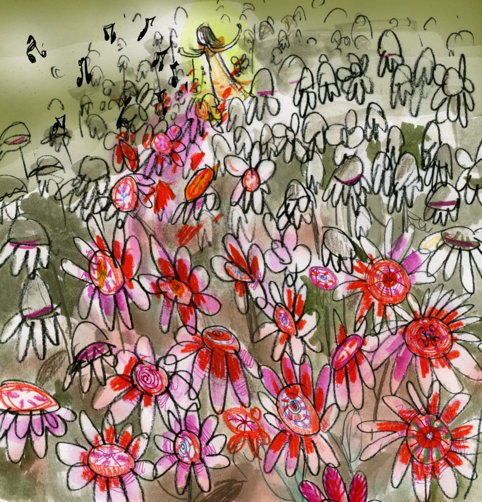 An illustration of red and purple singing flowers with Princess Alyss in the background, by artist Catia Chien, based on "The Looking Glass Wars" series by Frank Beddor. 