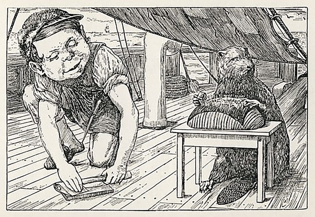 Illustration by Henry Holiday depicting the Butcher and the Beaver on the deck of a ship, from Lewis Carroll's 1876 nonsense poem "The Hunting of the Snark". 