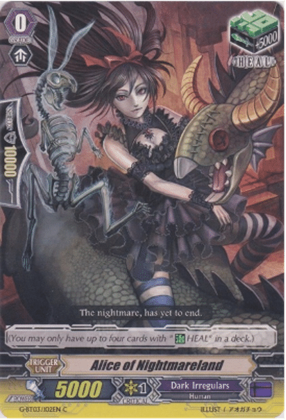 The "Alice of Nightmareland" trading card, featuring a woman in a black dress on the back of a Jabberwock, from the Bushiroad trading card game Cardfight!! Vanguard 