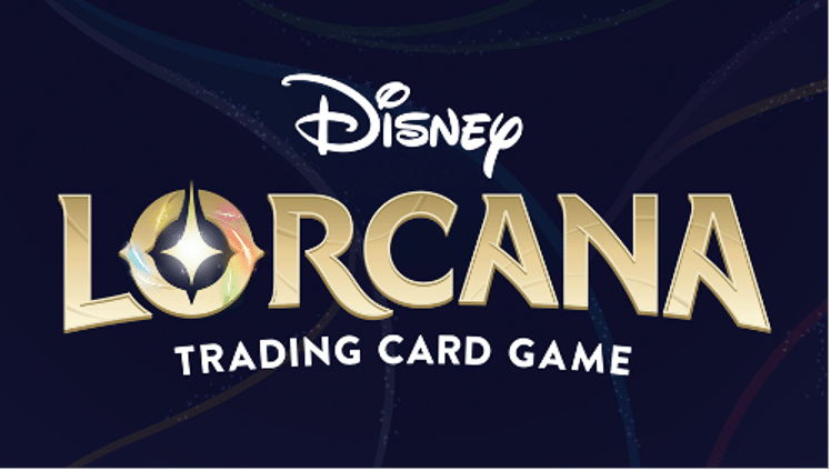 Logo for the Disney trading card game Lorcana featuring gold text on a dark blue background. 