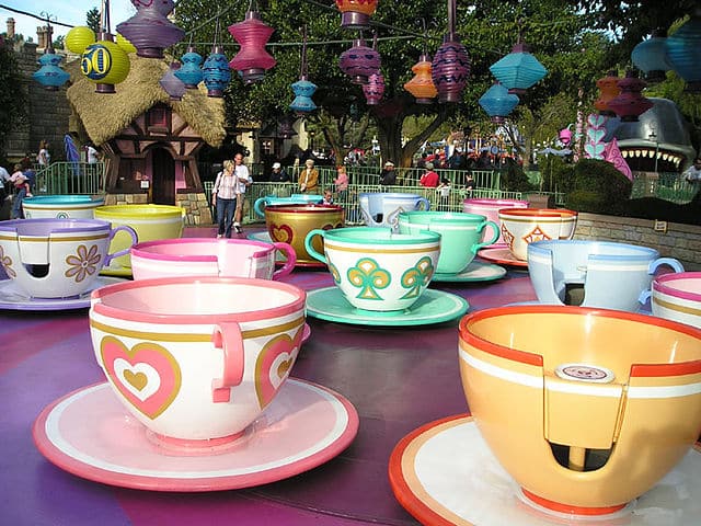 Photograph of the Mad Tea Party spinning tea cup ride at Disneyland theme park in Anaheim, California.