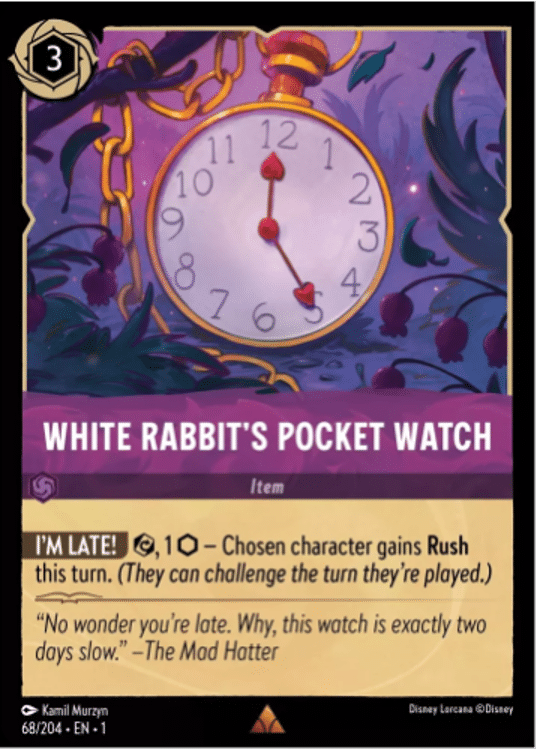 The "White Rabbit's Pocket Watch" trading card, featuring a large stopwatch, from the Disney trading card game Lorcana.