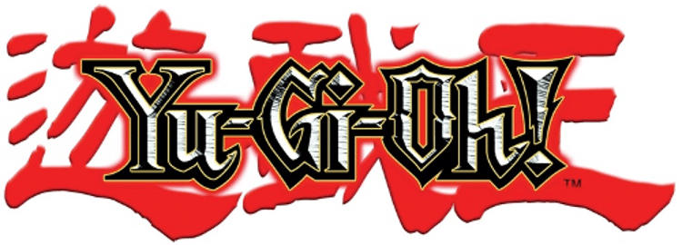 The logo for the Konami trading card game Yu-Gi-Oh! featuring silver text with a gold border on a background of red Japanese characters. 