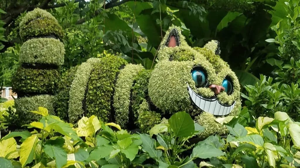 A topiary sculpture depicting the Cheshire Cat from "Alice in Wonderland" in the Atlanta Botanical Garden.