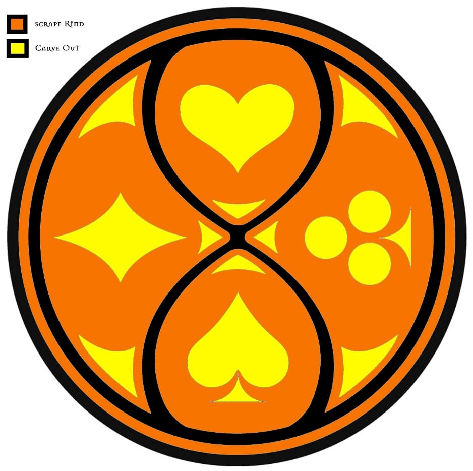 An image of an orange, yellow, and black pumpkin carving template depicting the Royal Suit Families insignia from Frank Beddor's "The Looking Glass Wars".