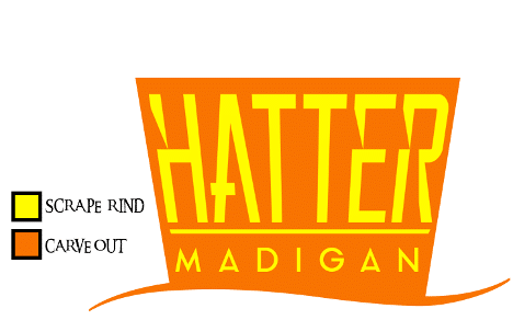 An image of an orange and yellow pumpkin carving template depicting a top hat and reading "Hatter Madigan" from Frank Beddor's "Hatter M" graphic novel series.