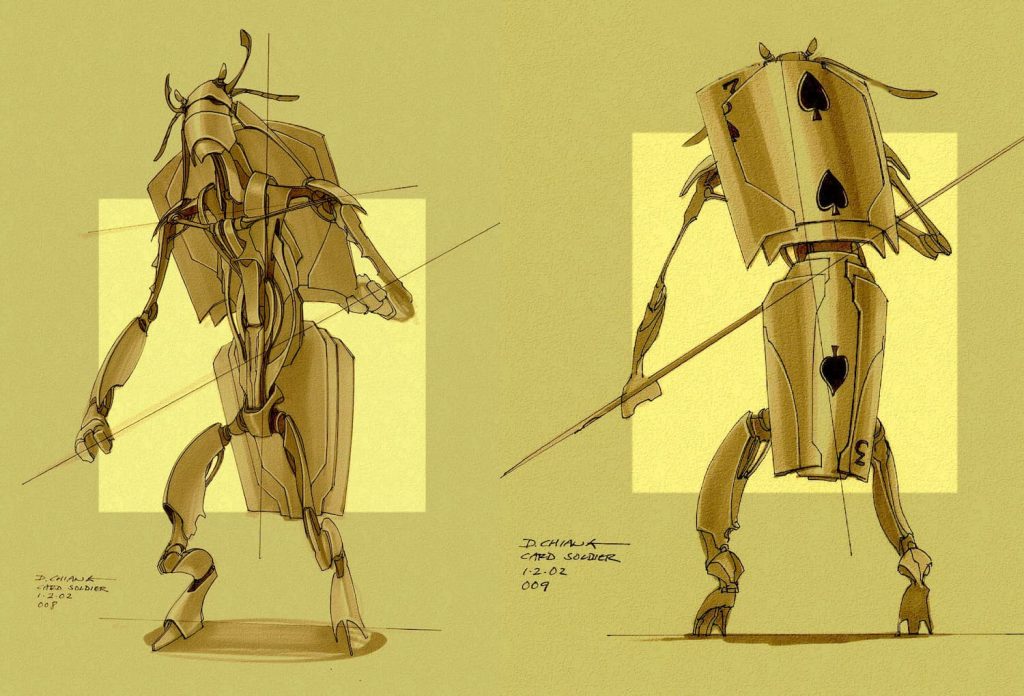 Image of sketches by artist Doug Chiang depicting the front and back of a Card Soldier from Frank Beddor's bestselling novel "The Looking Glass Wars".