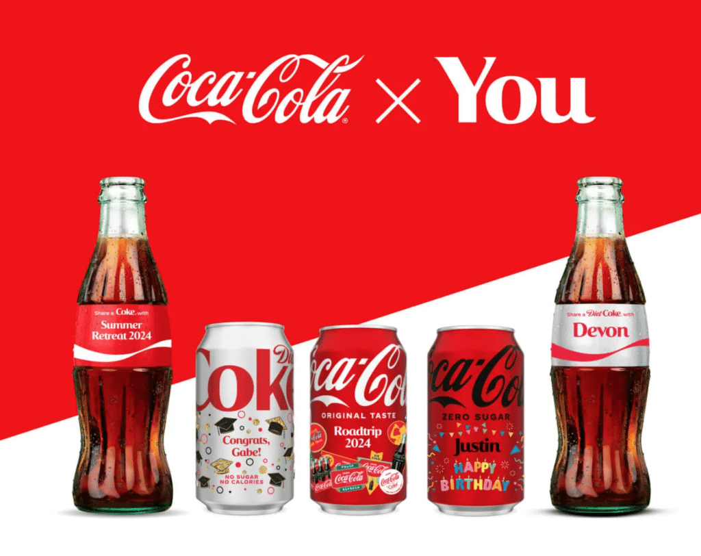 A Coca-Cola advertisement featuring a variety of bottles and cans and the slogan "Coca-Cola x You". 