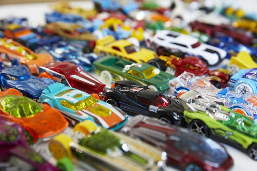 Photograph of a variety of Hot Wheels cars. 