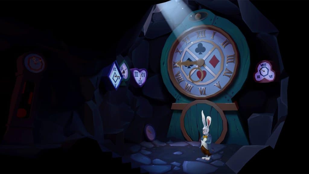 Still image of the White Rabbit underneath a giant clock with playing card symbols from the 2020 Cortopia Studios video game "Down the Rabbit Hole". 