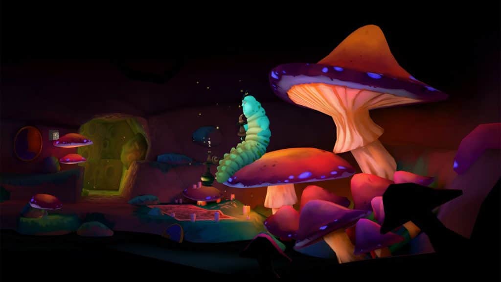 Still image from the 2024 Cortopia Studios video game "Escaping Wonderland" featuring the Caterpillar in a field of mushrooms. 