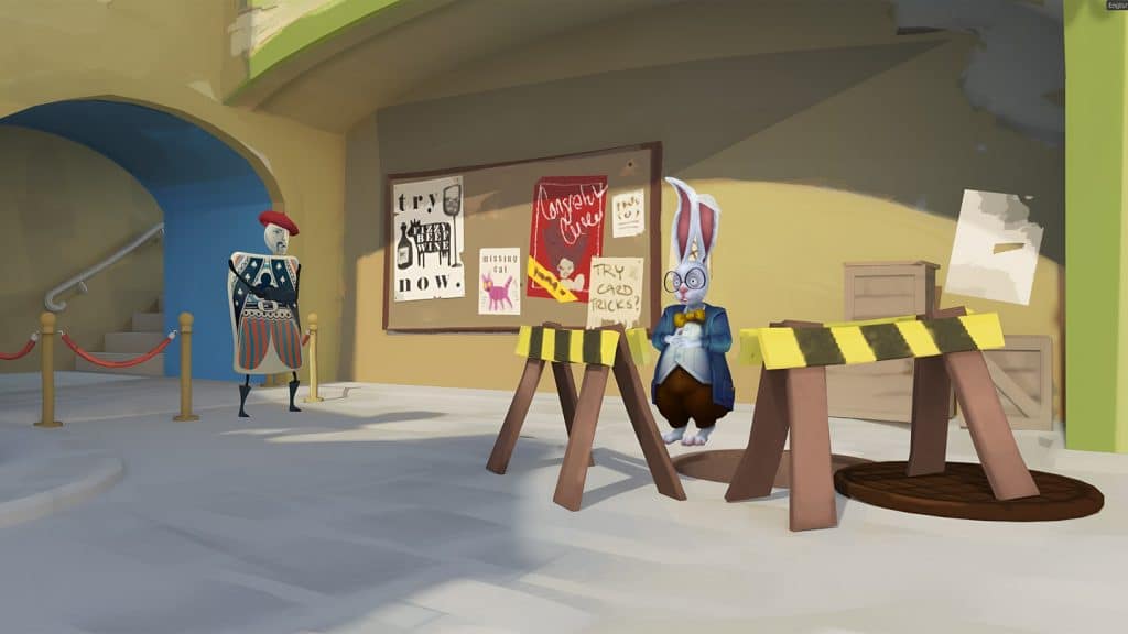 Still image from the 2024 Cortopia Studios video game "Escaping Wonderland" featuring the White Rabbit and a Card Soldier near a construction site. 