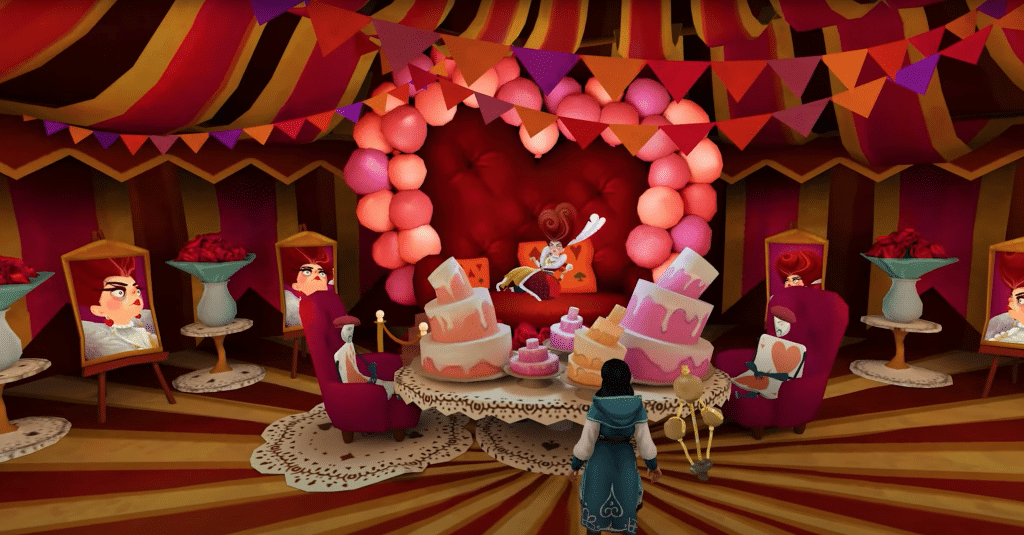 Still image from the 2024 Cortopia Studios video game "Escaping Wonderland" featuring Molly standing in front of the Queen of Hearts on her throne surrounded by pink and purple balloons. 